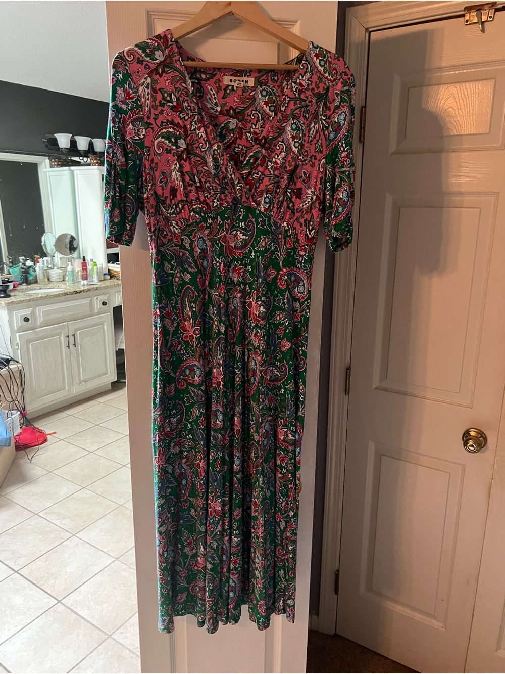 Boden Pink & Green Paisley V-Neck Midi Dress